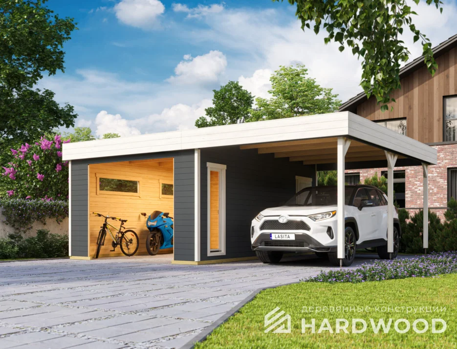 Навес для авто из дерева с хозблоком №165 - фото 1224